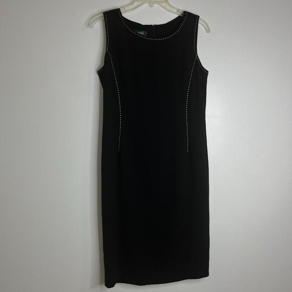 Lauren Ralph Lauren Black Knee Length Pencil Dress White Stitching Zip Back Sz 8